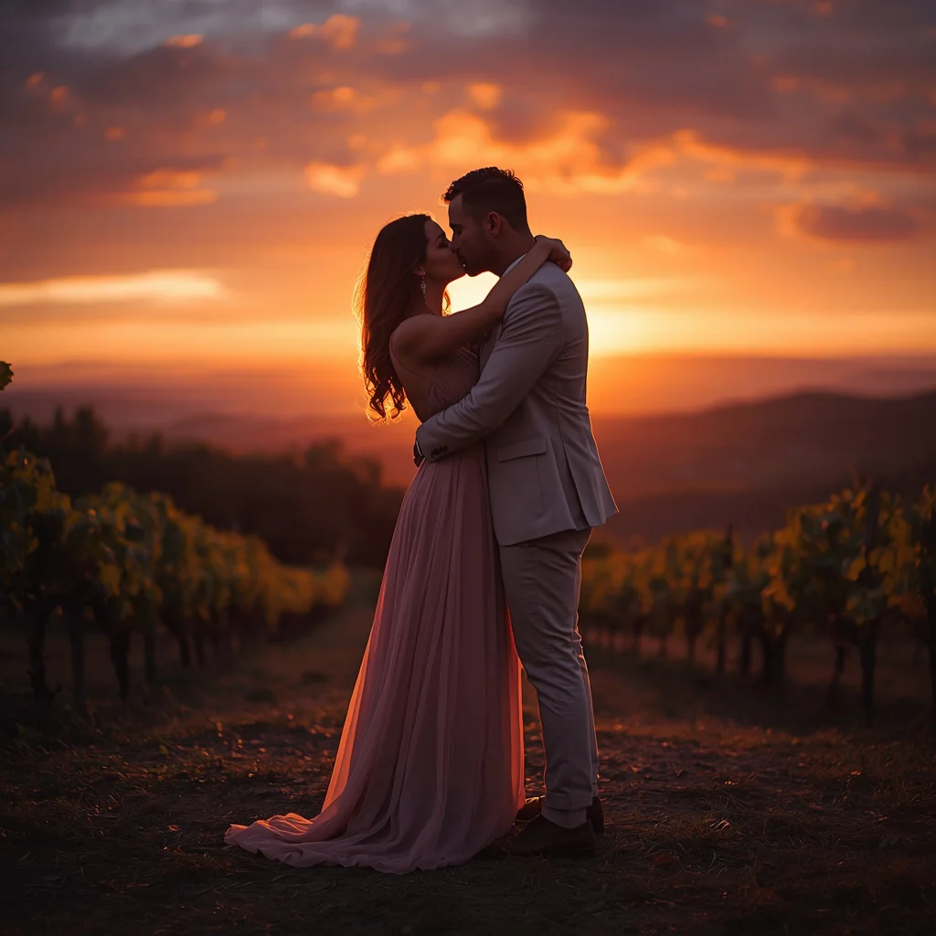 A Couple’s Romantic Sunset Kiss on a Vineyard Hill — AI image prompt
