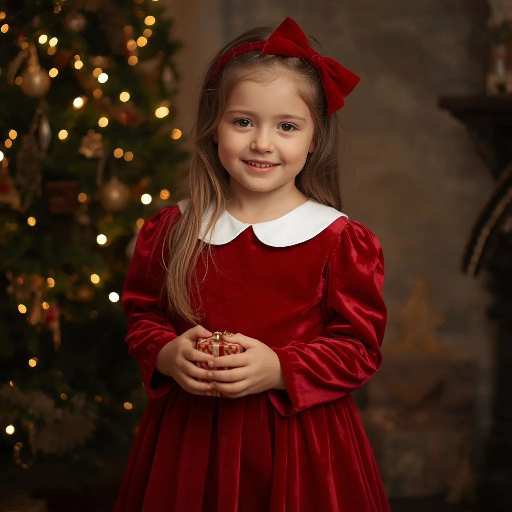 A cute girl in a bright red velvet party dress — AI image prompt