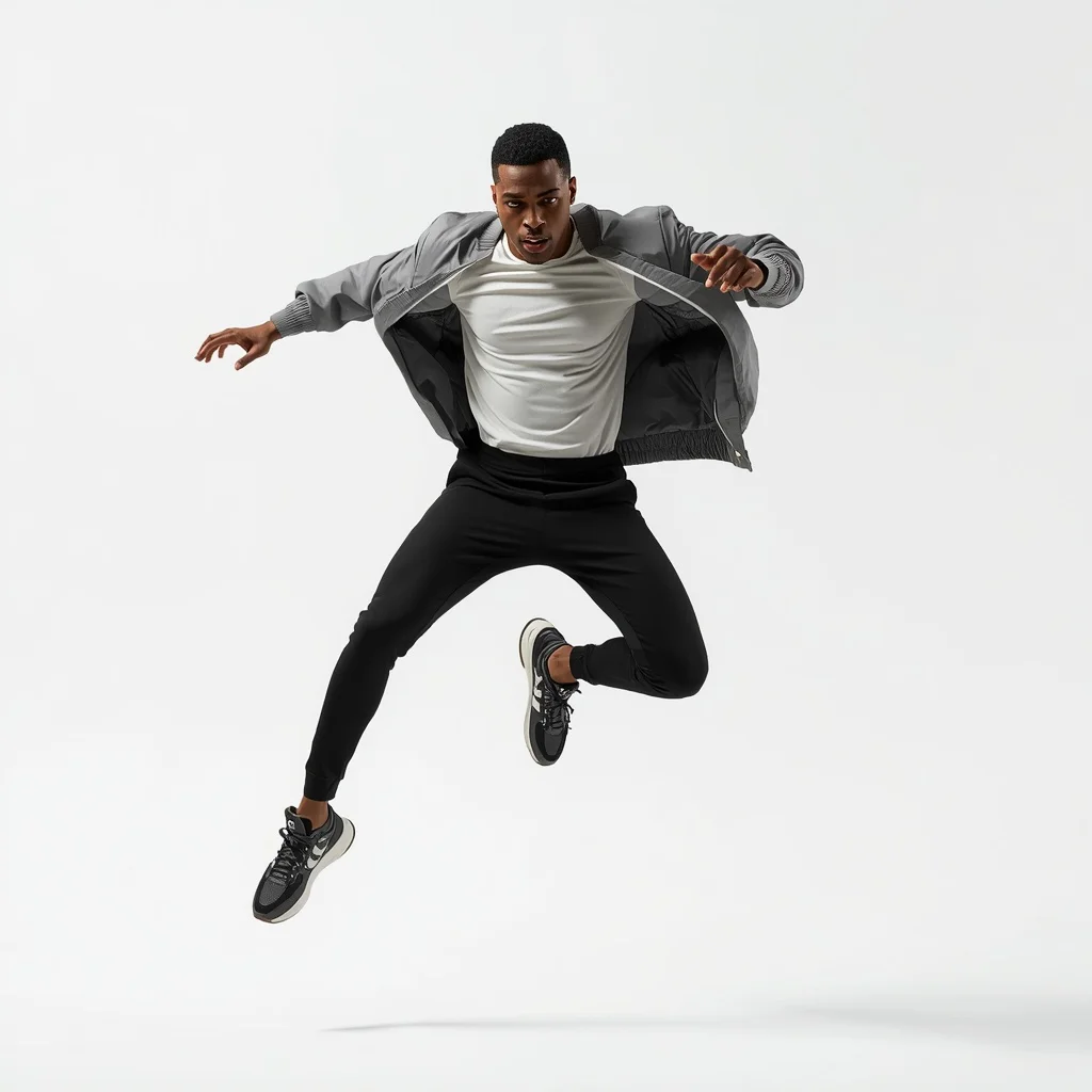 A Fashionable Man’s Powerful Mid-Air Jump Against White — AI image prompt