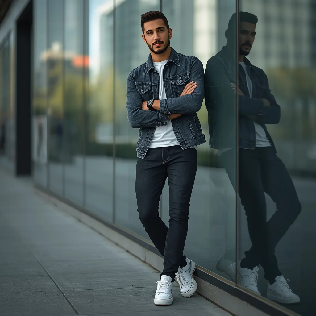 A Man’s Confident Stance in a Modern Denim Jacket — AI image prompt
