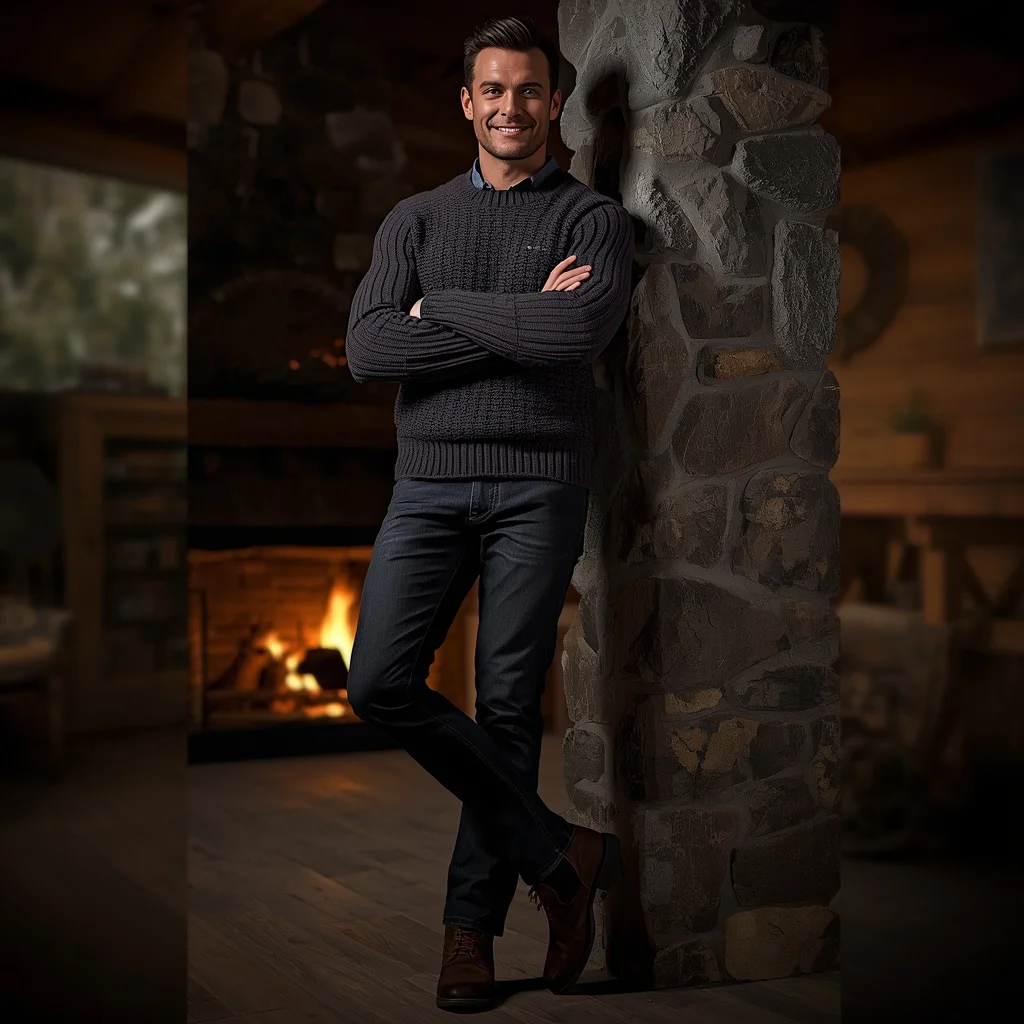 A Man’s Confident Stance in a Rustic Cabin Setting — AI image prompt
