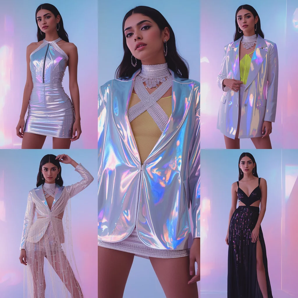 A modern futuristic party theme featuring a girl in holographic silver — AI image prompt
