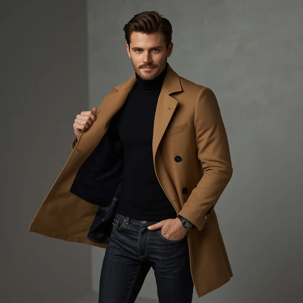 A Stylish Man’s Effortless Jacket Drop with Confident Charm — AI image prompt