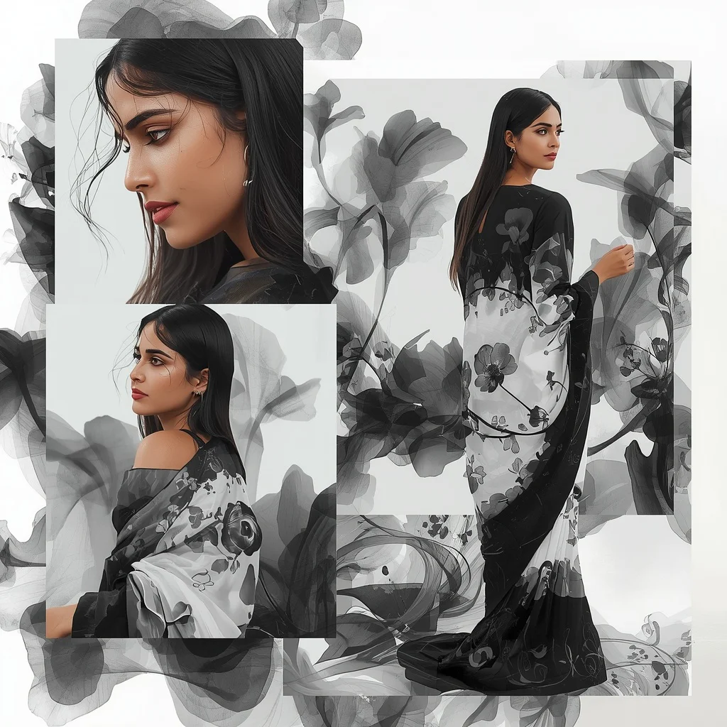 Floating Ink Bloom Collage: Black & White Hand-Painted Saree — AI image prompt