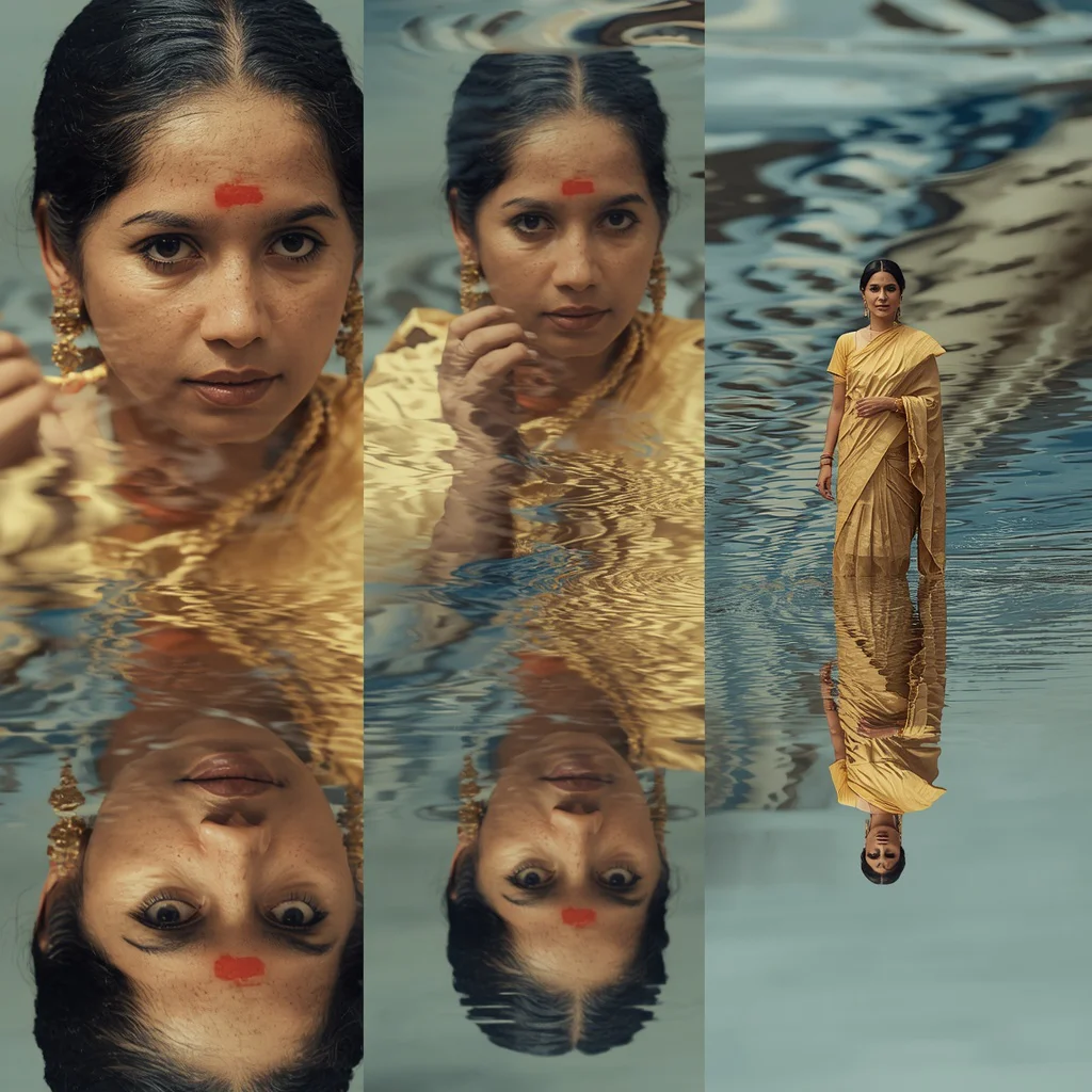 Temporal Flow: An Indian Woman with Time-Distorted Reflections — AI image prompt